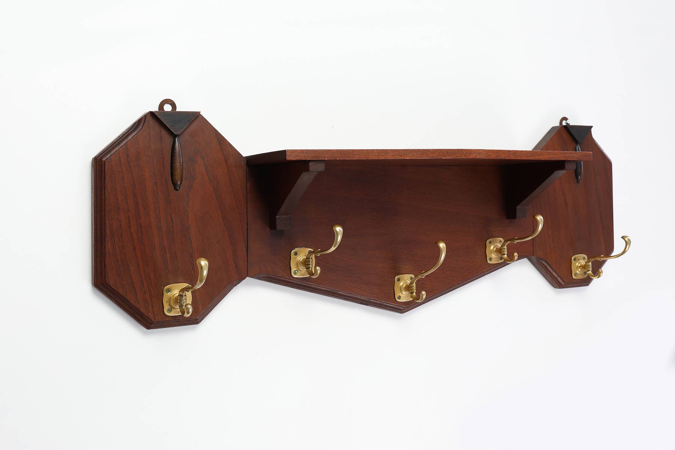 Art Deco coatrack in oak and copper, Belgium 1920s
