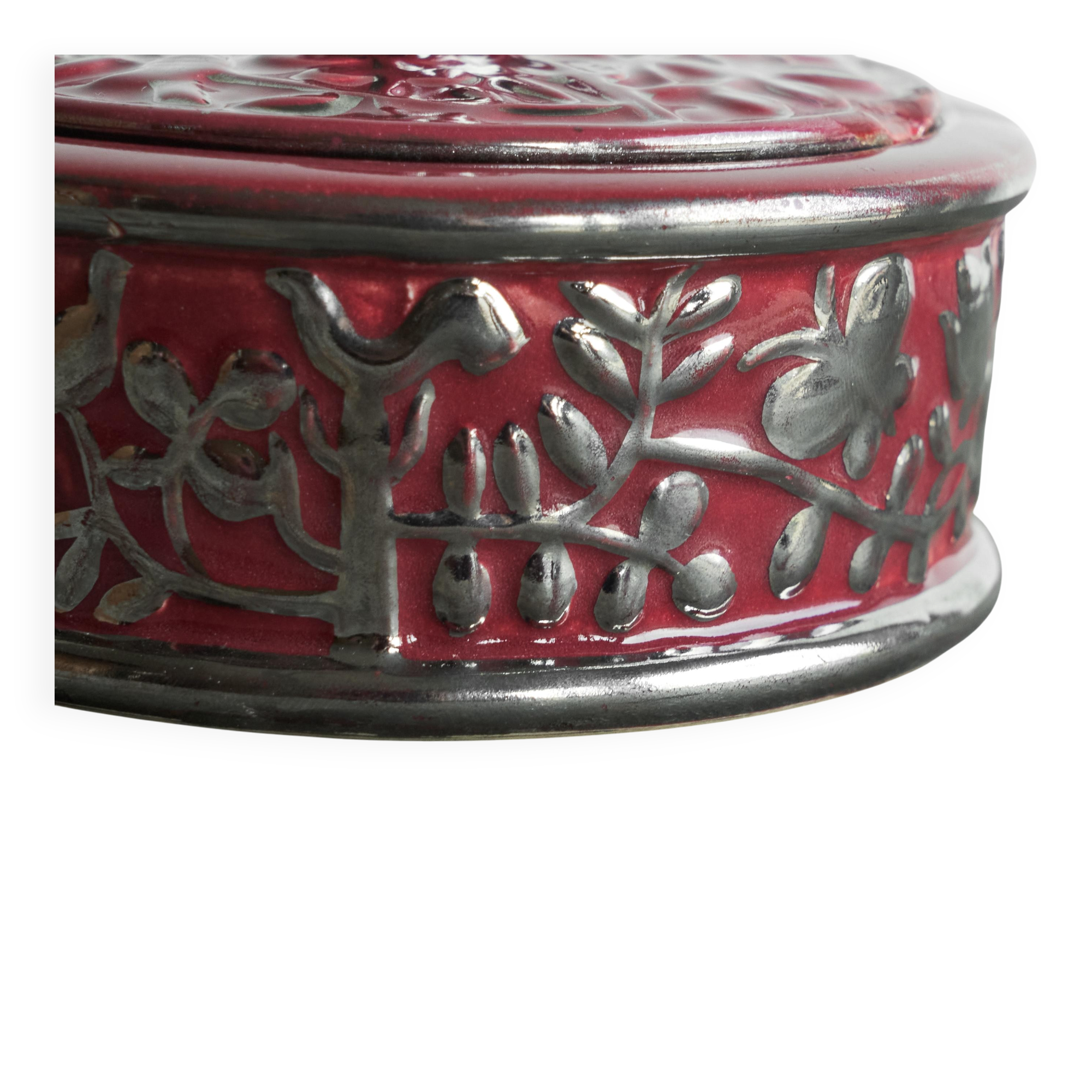 Boch Frères Keramis Rosa bowl with lid, flowers and butterflies in silver glaze.