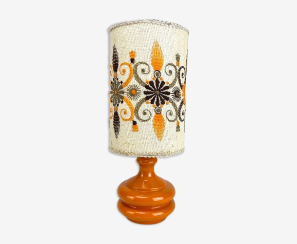 Lampe de chevet céramique et tissu canevas orange 70's