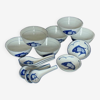 Chinese tableware set for 6 people, Koi Carp decor - Bowls, spoons and cups