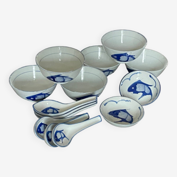 Set de vaisselle chinoise 6 pers décor Carpe Koi - Bols, cuillères et coupelles