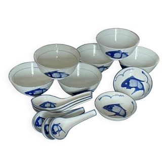 Set de vaisselle chinoise 6 pers décor Carpe Koi - Bols, cuillères et coupelles