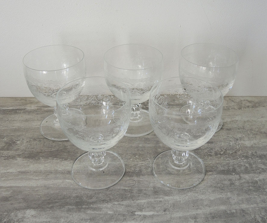 5 old crystal foot glasses engraved