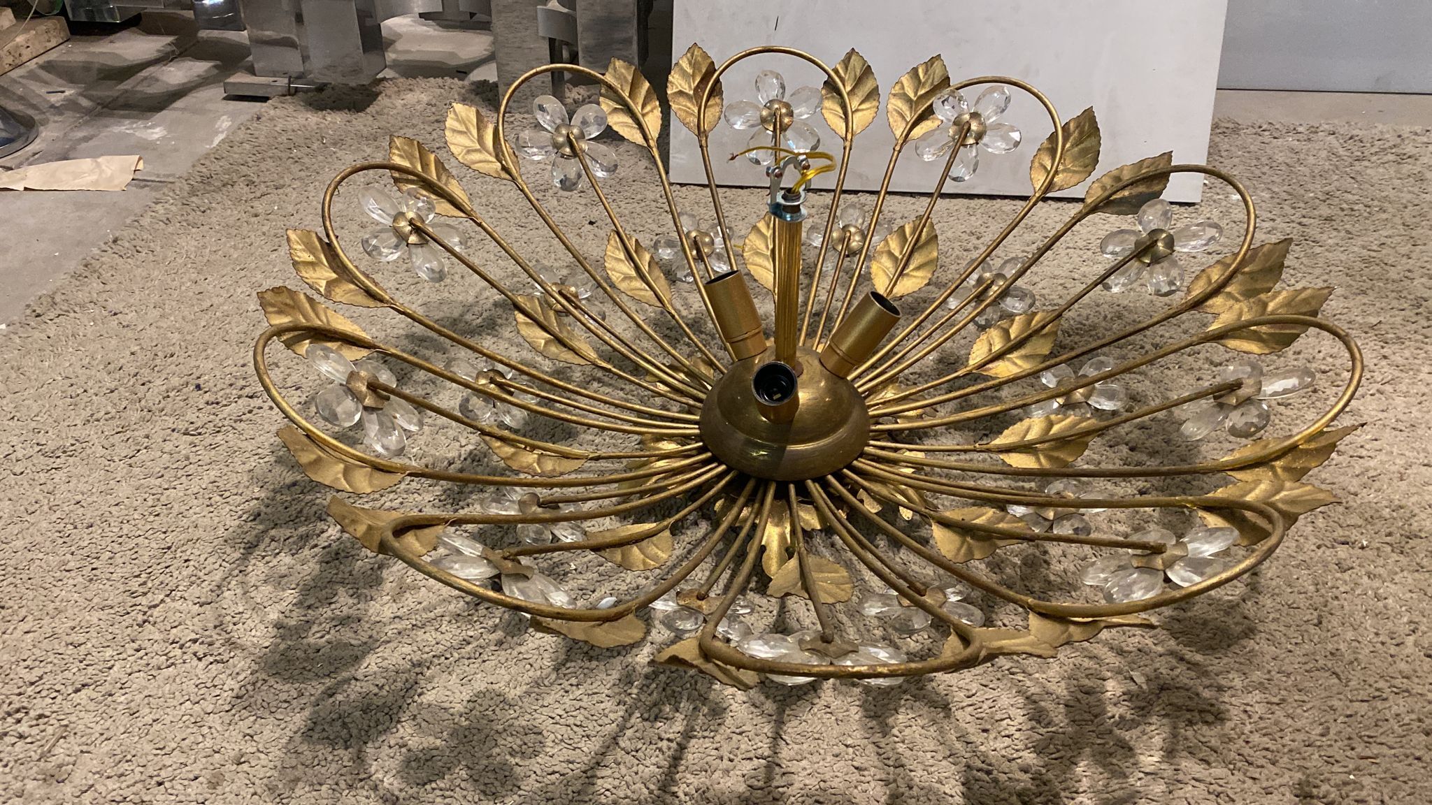 Italian gold gilded tole crystal flower flush mount, 1960s