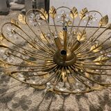 Italian gold gilded tole crystal flower flush mount, 1960s
