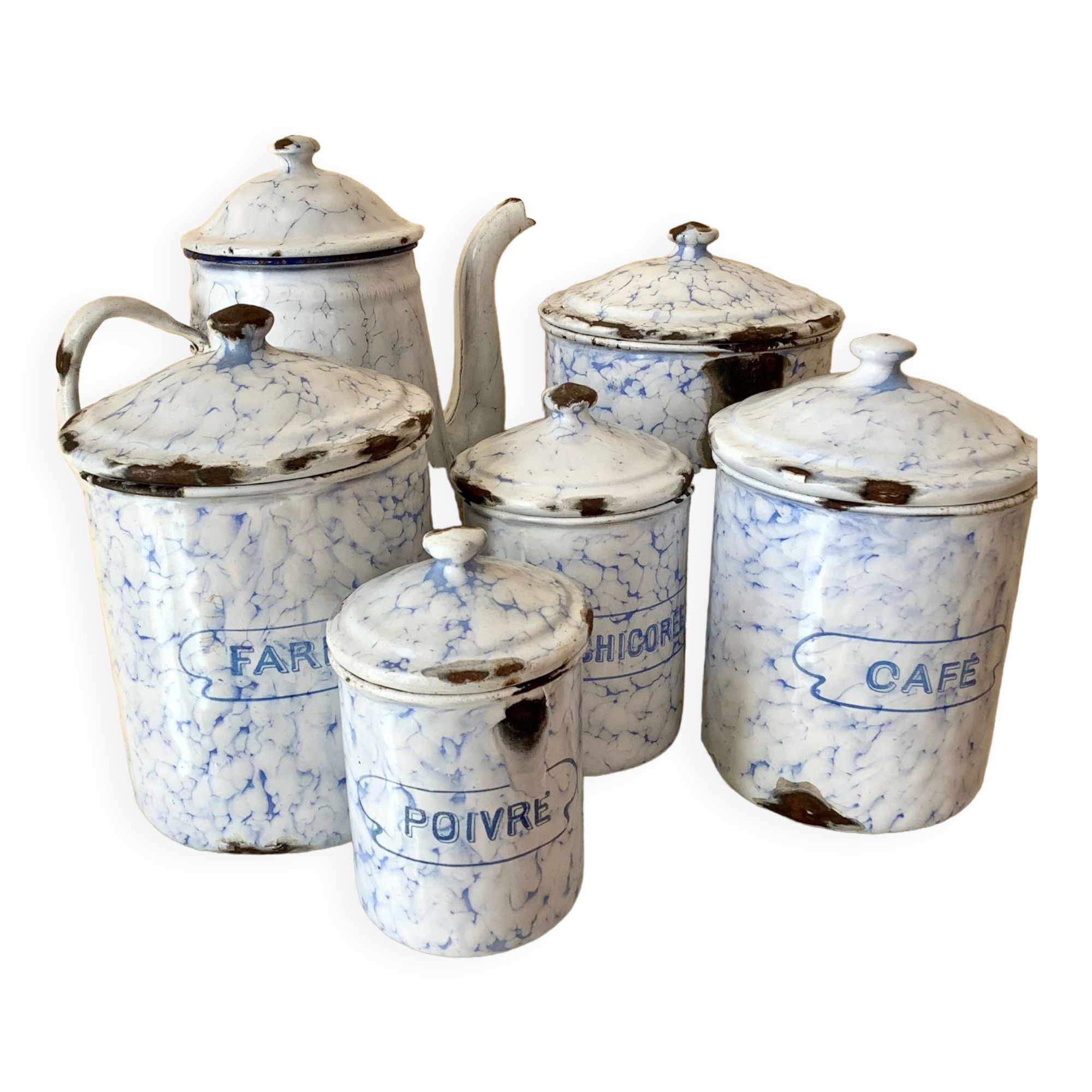 Spice jars and coffee maker in enameled sheet metal