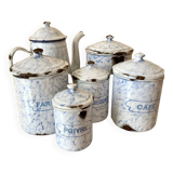 Spice jars and coffee maker in enameled sheet metal