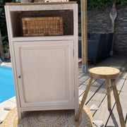 Beautiful art deco jam cupboard in delicate beige tone / and wicker basket