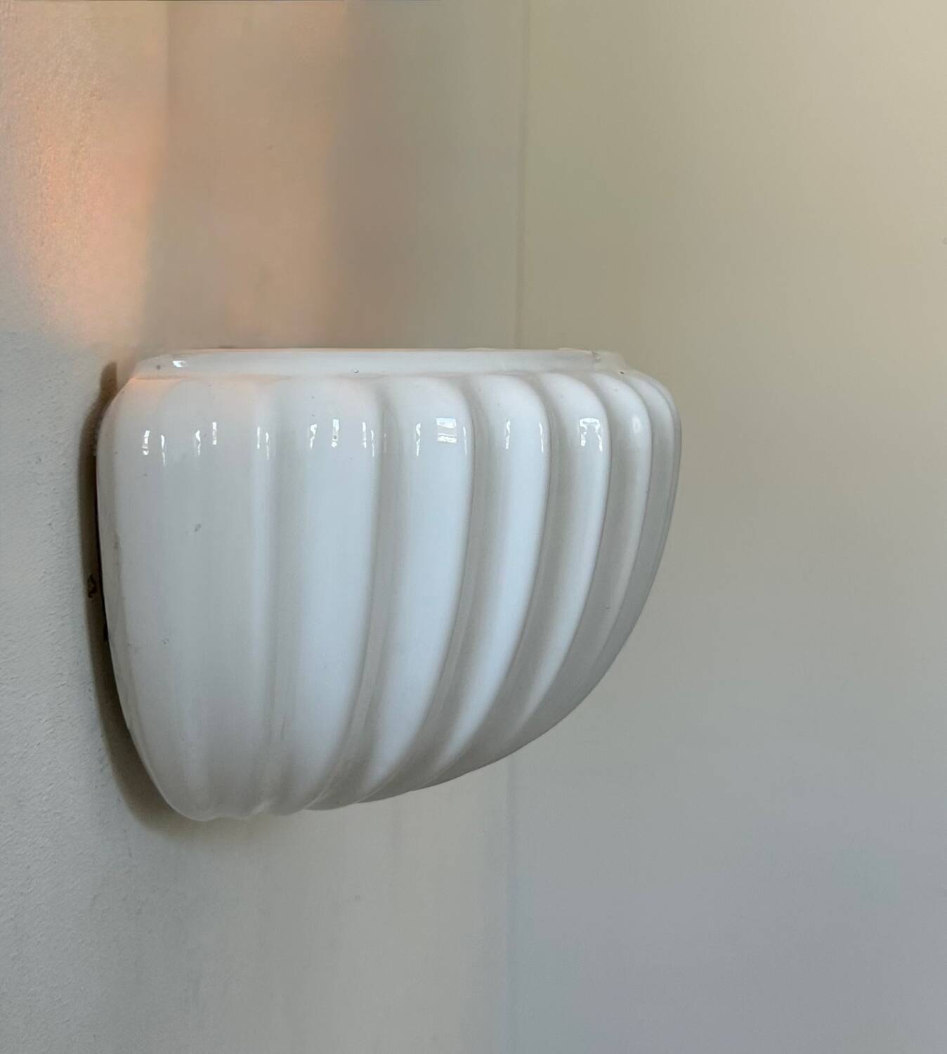 Vintage white earthenware wall lamp, shell, France 1970