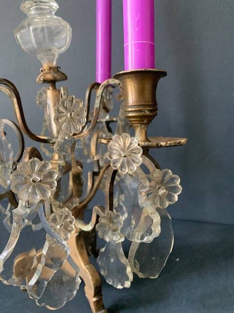 Girandole candle holder with crystal and bronze tassel with 3 lights, 1900