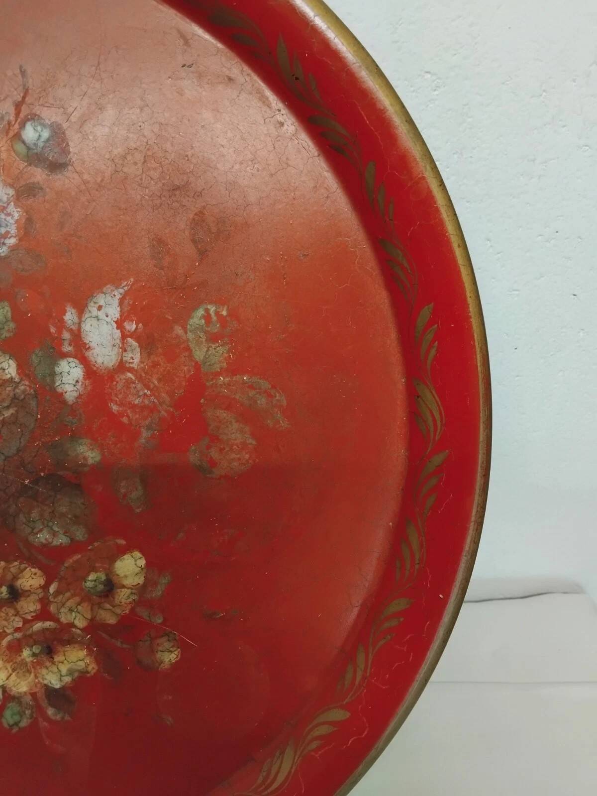 Antique Napoleon III Round Sheet Metal Tray - Flower Painting