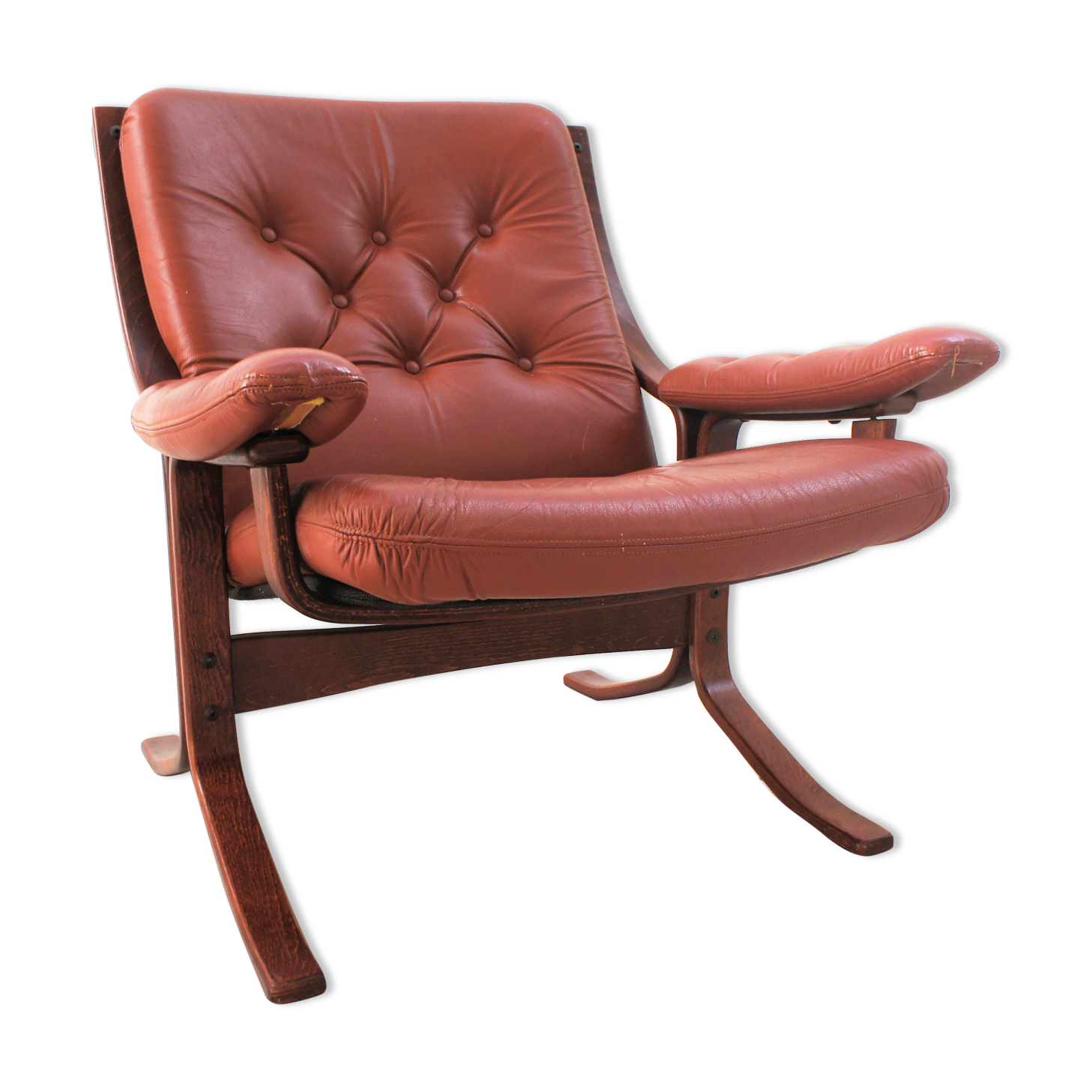 Scandinavian armchair made of wood and cognac leather