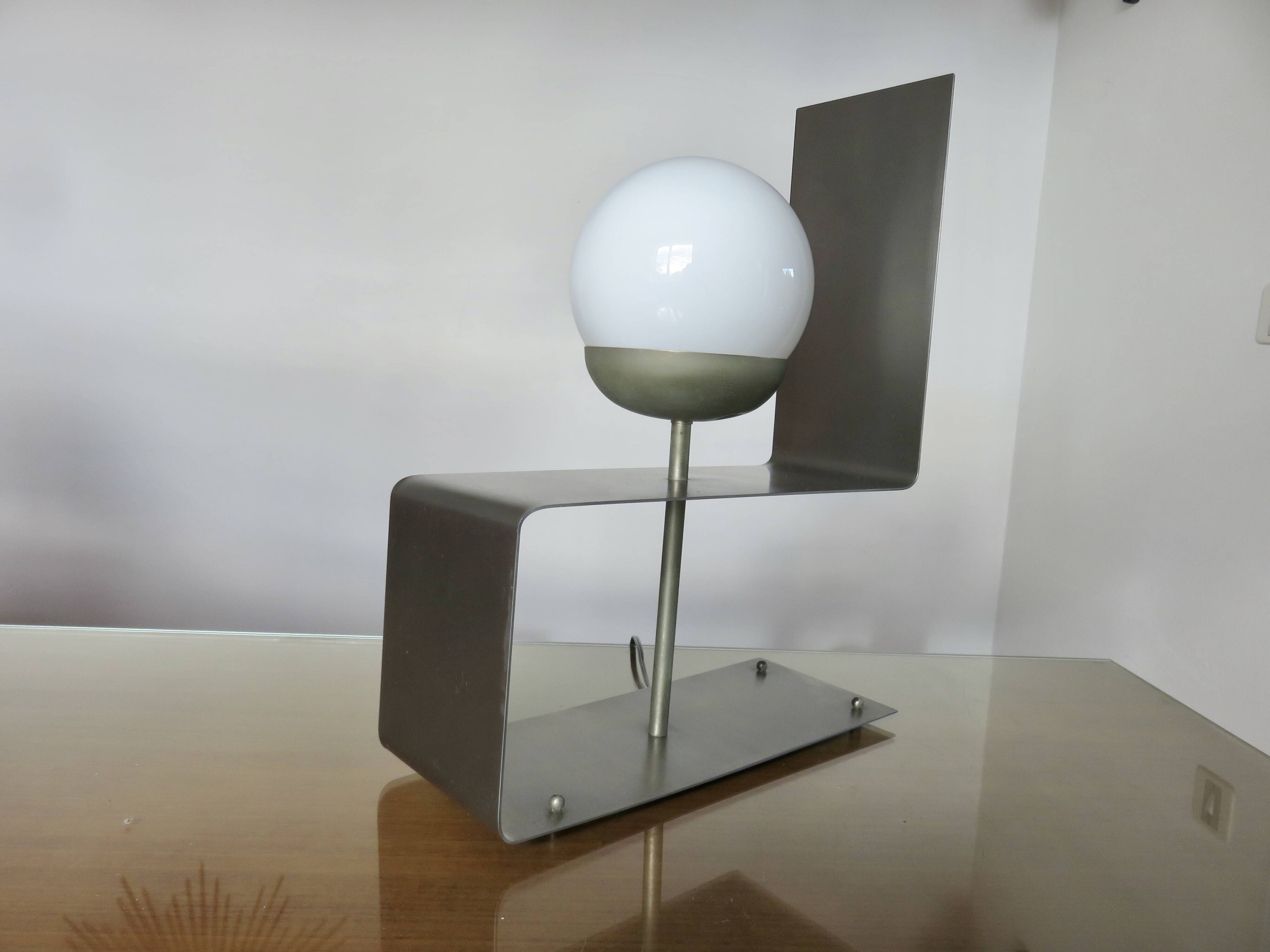 "UGINOX" lamp in steel and white opaline ball from the 70s