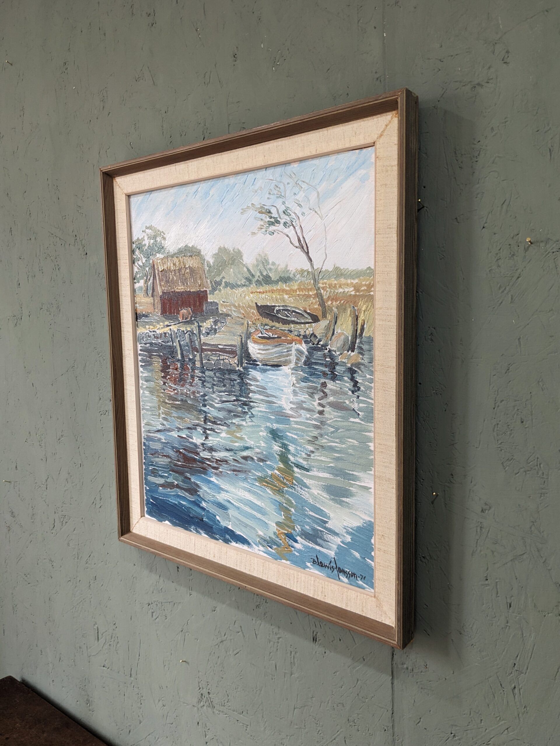 1971 Mid-Century Modern "Boathouse", Vintage Swedish Framed Oil Painting