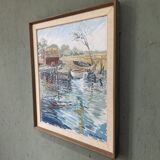 1971 Mid-Century Modern "Boathouse", Vintage Swedish Framed Oil Painting