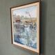 1971 « hangar à bateaux » moderne, peinture à l’huile suédoise vintage encadrée