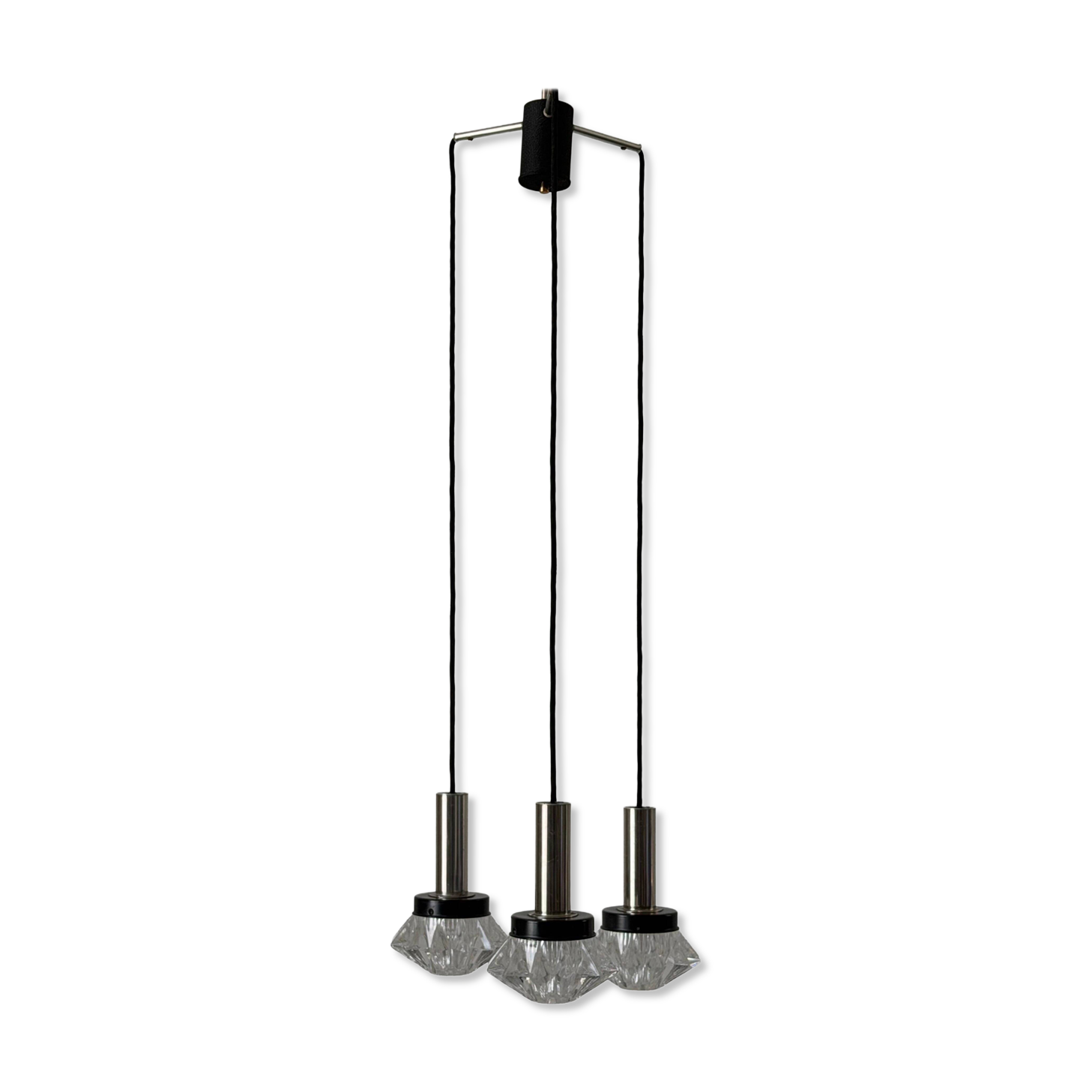 Suspended cascade lamp with 3 glass crystal and metal shades, 1960s, Germany
