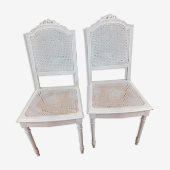 Set of 2 white cane chairs Louis XVI style