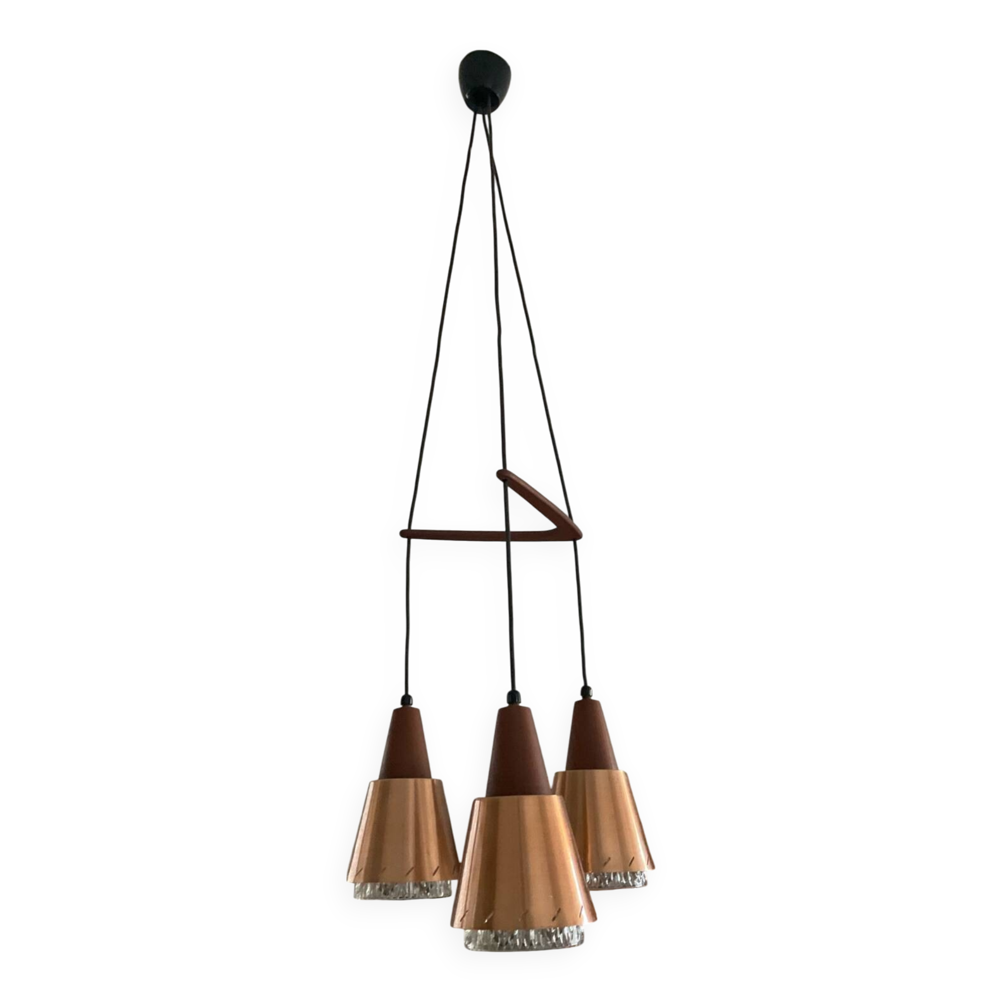 Scandinavian Boomerang chandelier from the 60s in teak, metal and glass