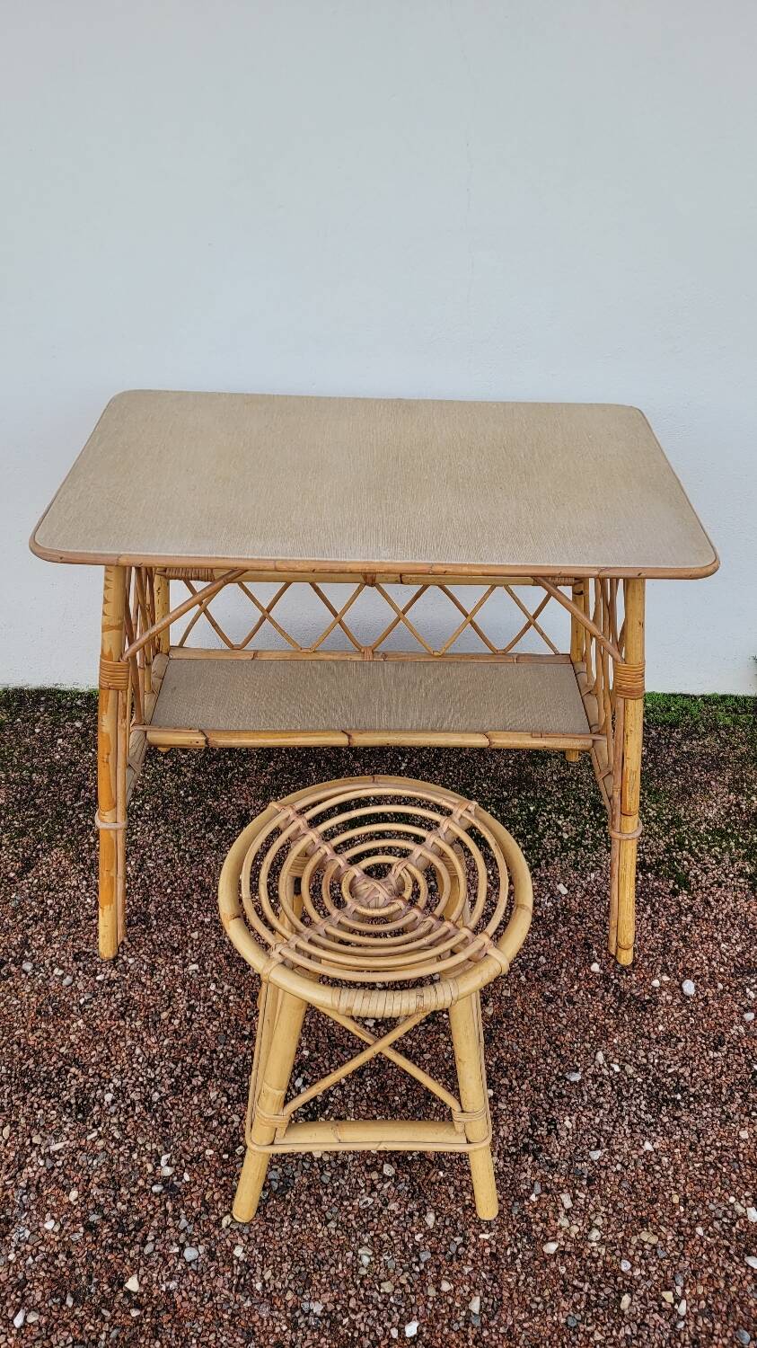 Bureau en rotin avec tabouret vintage- 1950s