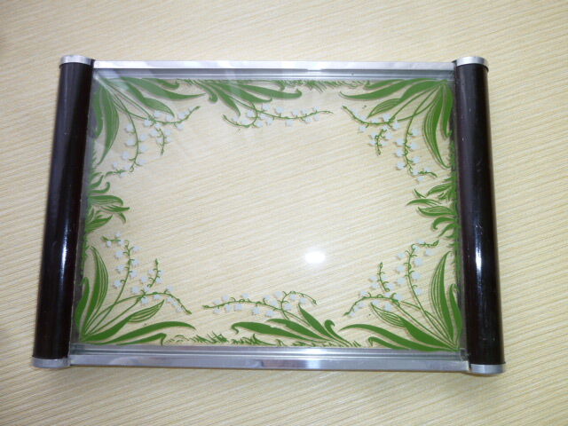 Vintage serving tray in glass and wood Lily of the valley décor