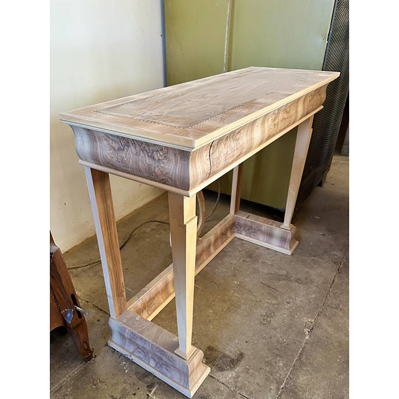 Italian Natural Consolle in Walnut Feather Wood and Maple and Walnut Inlays