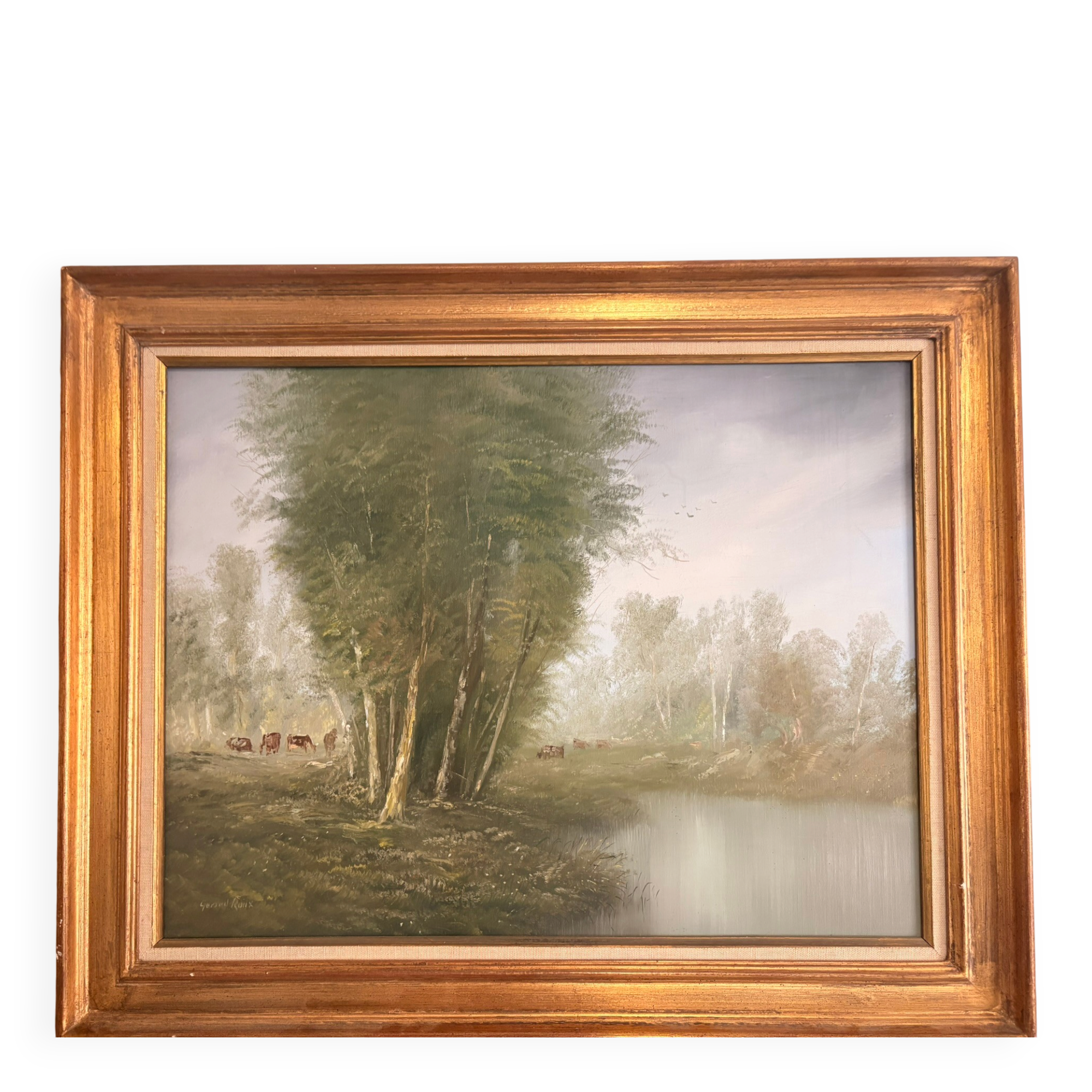 Old Oil Painting Canvas Pastoral Landscape Cow Gérard Roux