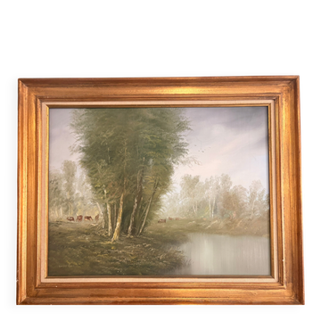 Old Oil Painting Canvas Pastoral Landscape Cow Gérard Roux