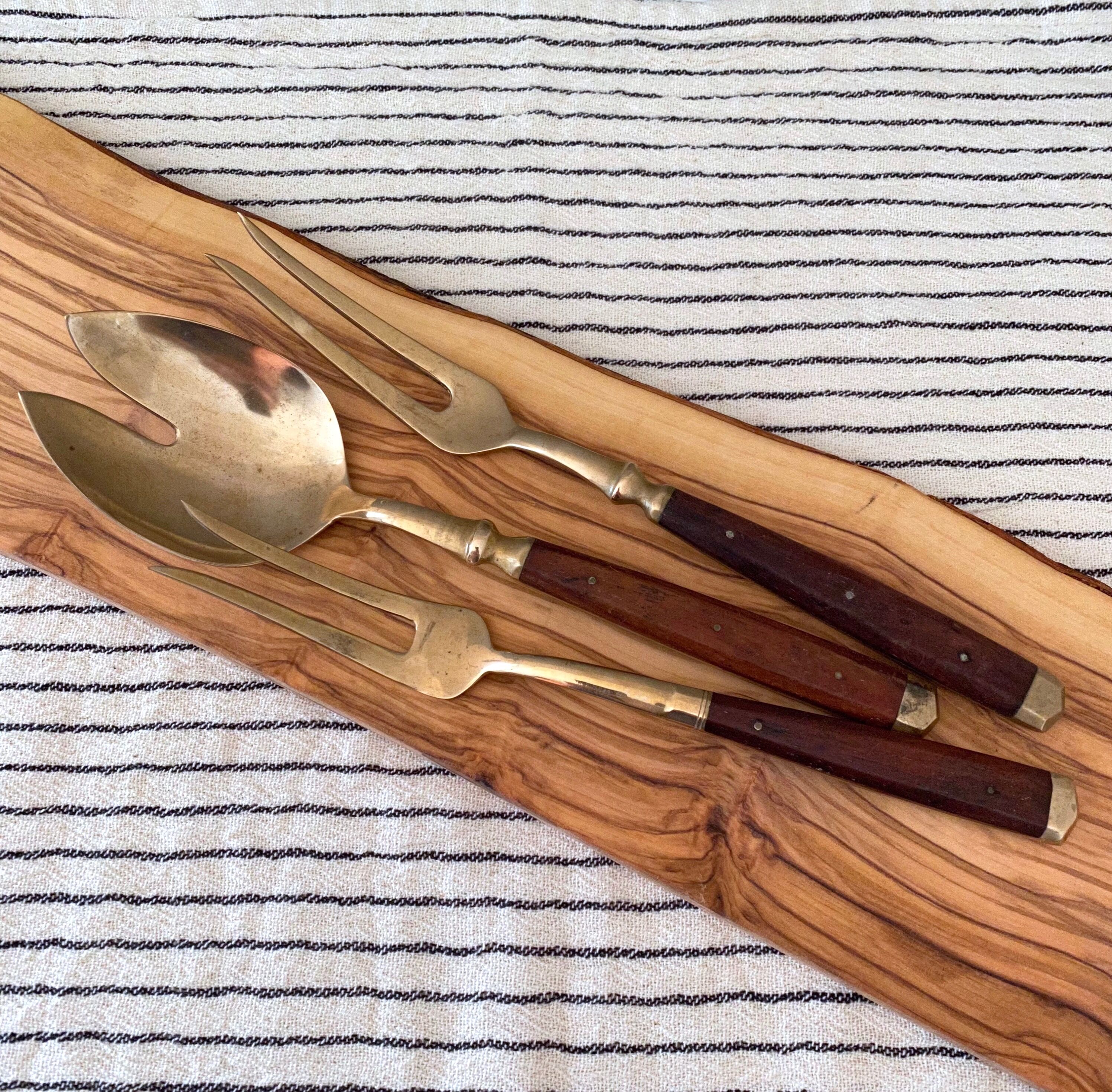 French Vintage Serving Set, Spoon and Fork, Wood Brass, Mid Century Cutlery