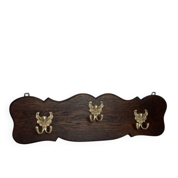 Porte-manteaux mural en bois, trois crochets en bronze