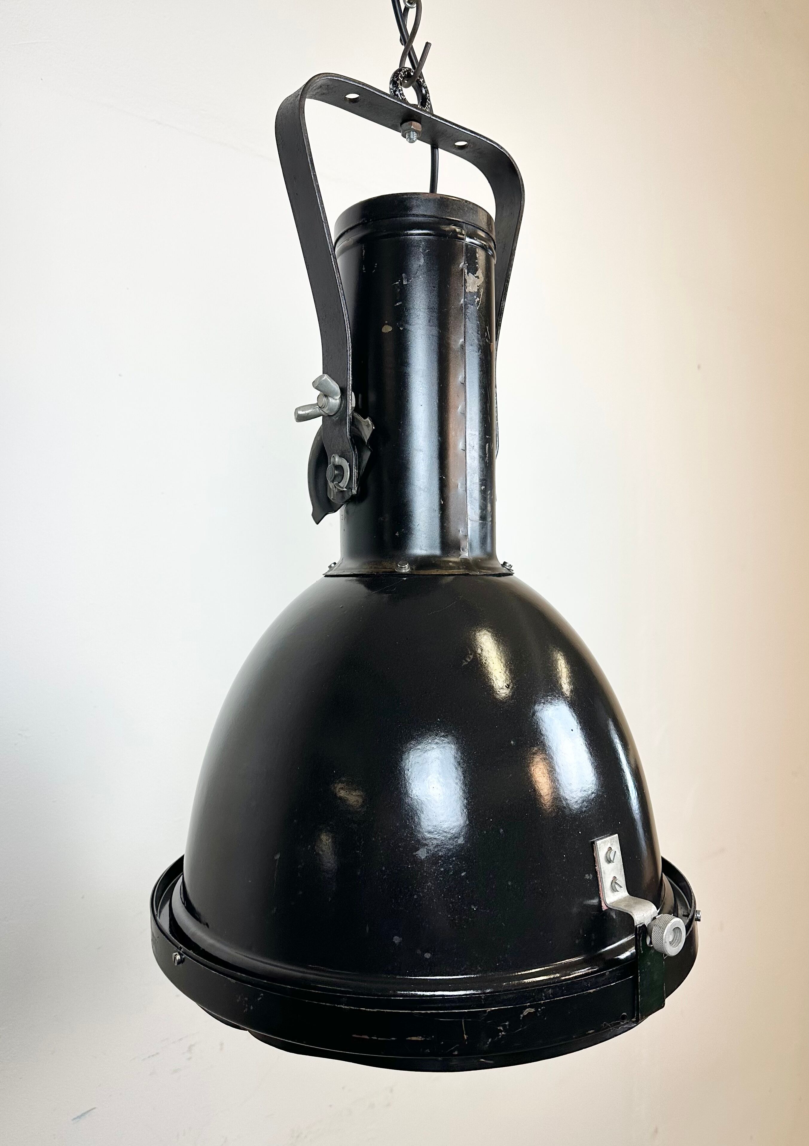 Industrial Black Enamel Factory Spotlight with Convex Glass Cover, 1960s