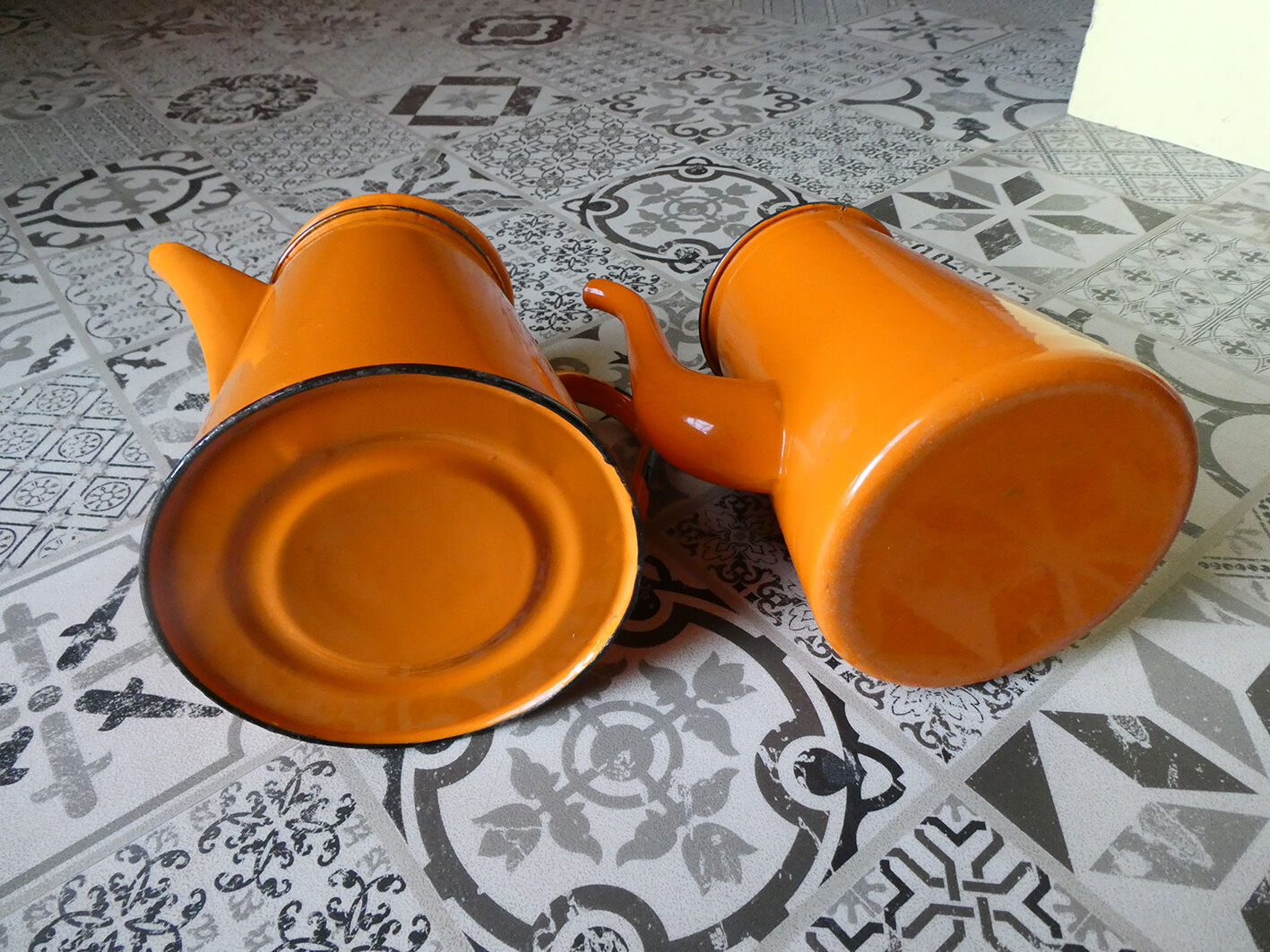 Lot of vintage orange enamelled coffee makers