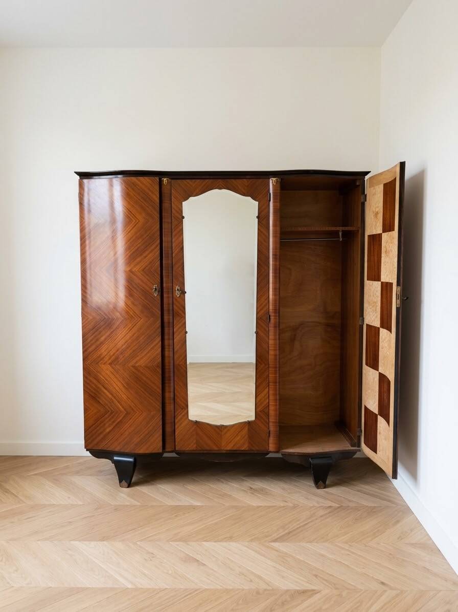 Antique Art Deco wardrobe in wood and marquetry