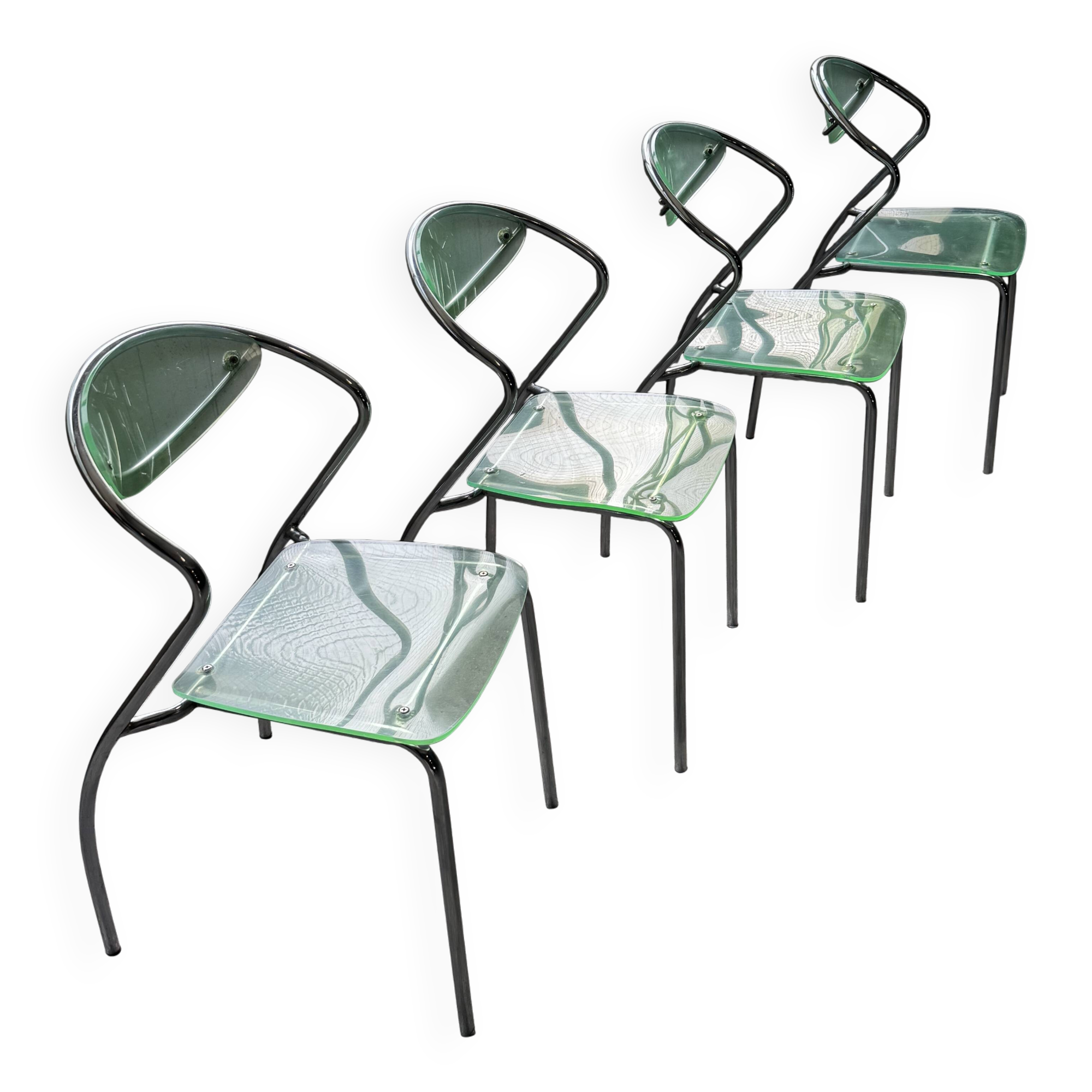 set of 4 designer chrome and plexiglass chairs, 80s