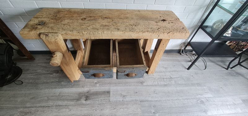 Old carpenter's workbench two drawers, industrial furniture