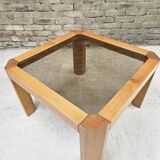 Coffee table in wood and smoked glass 1970 vintage