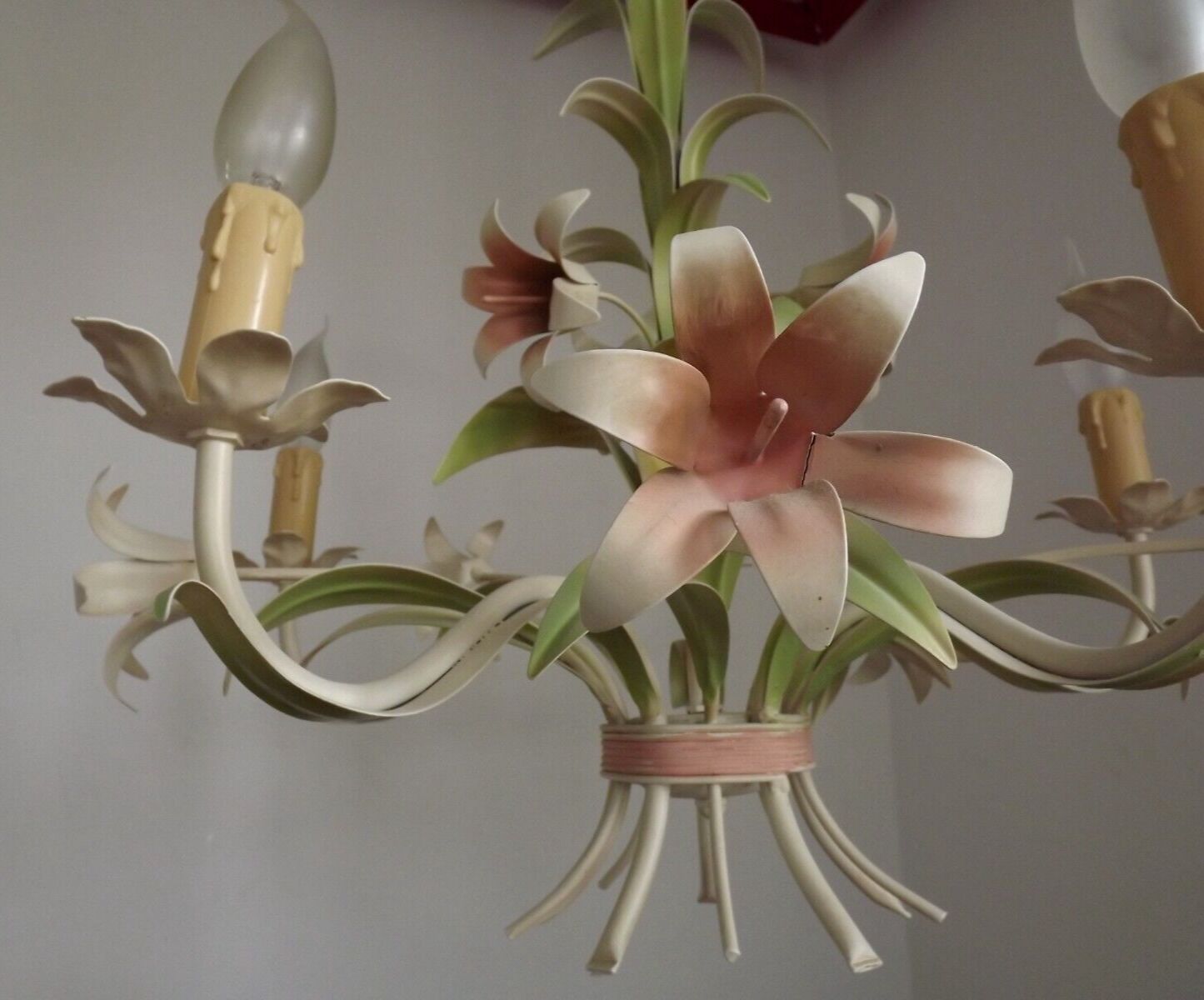 Vintage french 5 arm tied bouquet toleware chandelier pink lily flowers 4264