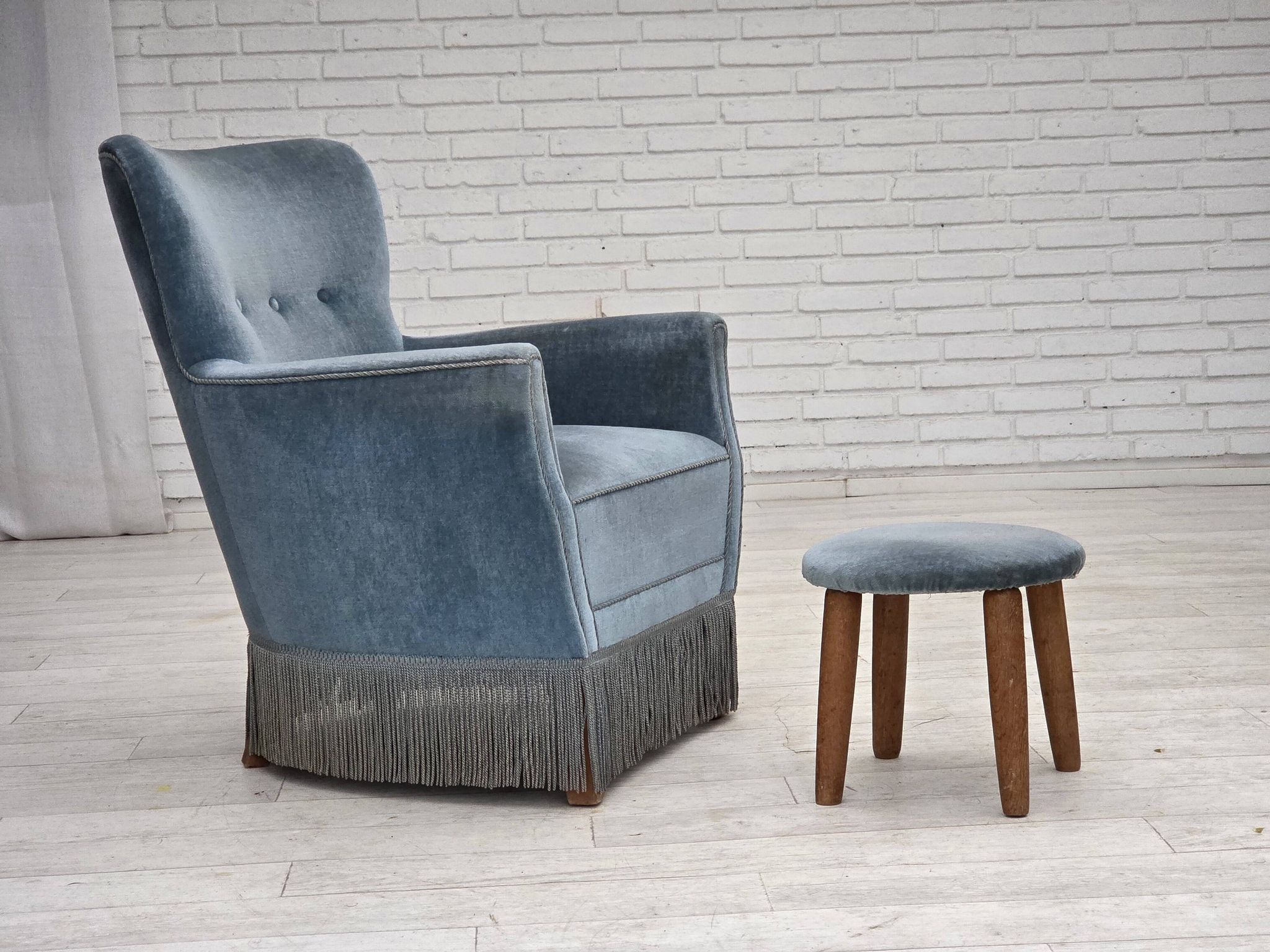1970s, Danish armchair with footstool, blue furniture velour, oak wood legs
