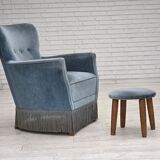1970s, Danish armchair with footstool, blue furniture velour, oak wood legs