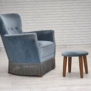 1970s, Danish armchair with footstool, blue furniture velour, oak wood legs