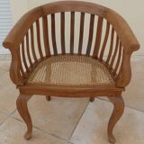 2 Colonial armchairs in natural solid wood with cane seats