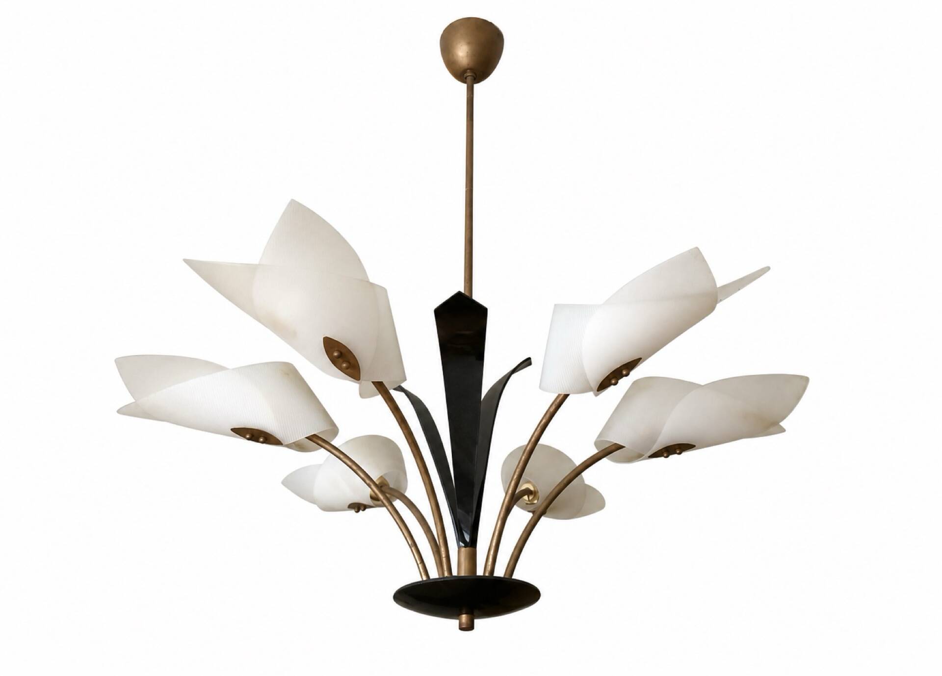 Mid-century lustre with 6 opaline tulips & patinated brass — France/Italy