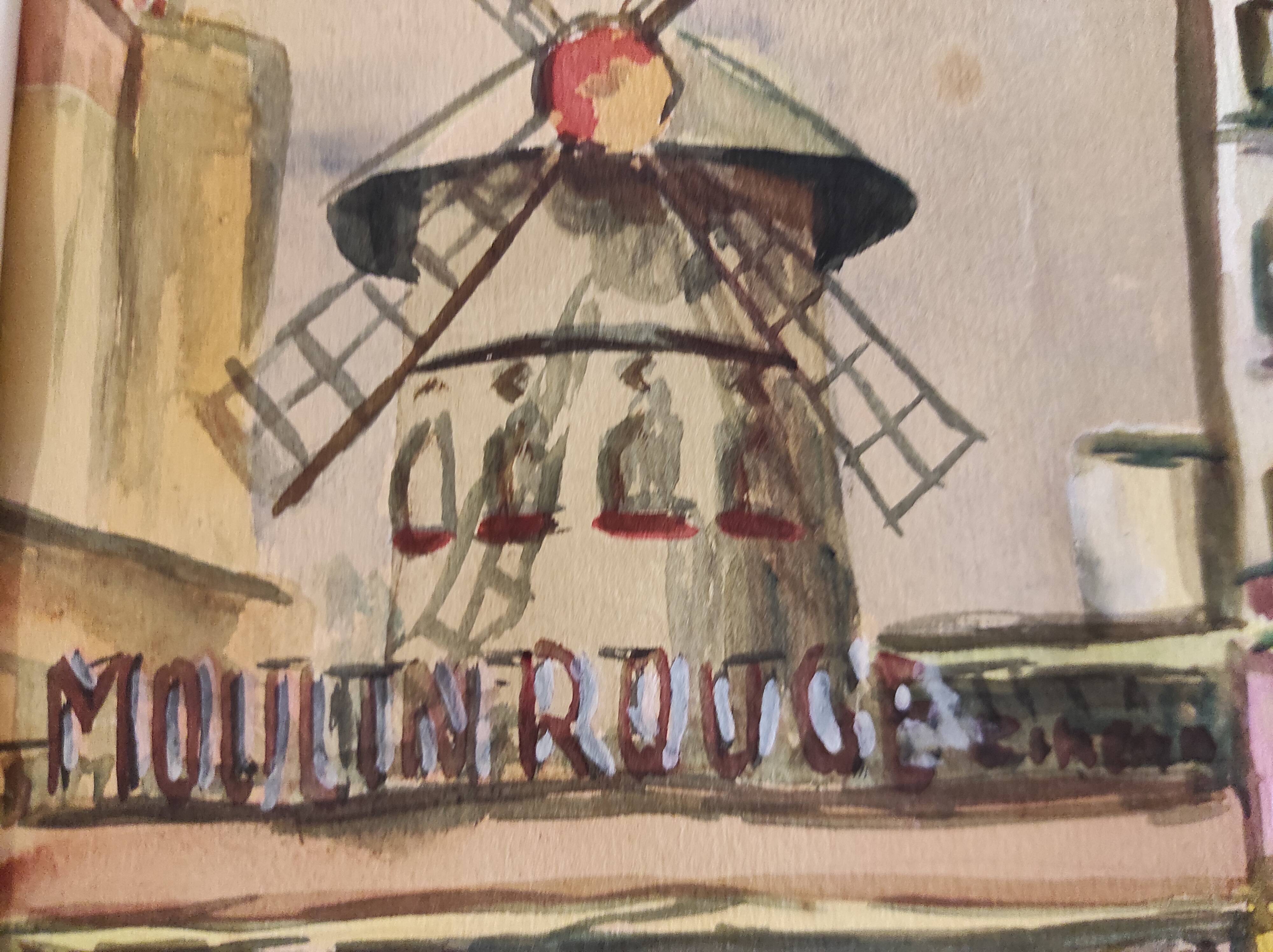 Vintage French watercolour of the Moulin Rouge, in Paris, signed Ch. Vogel, from 1948