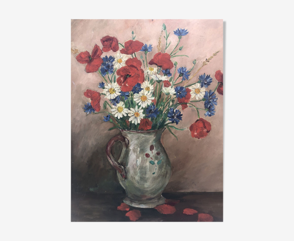 Huile sur isorel bouquet de fleurs des champs signée Jeanne Duret vers 1950
