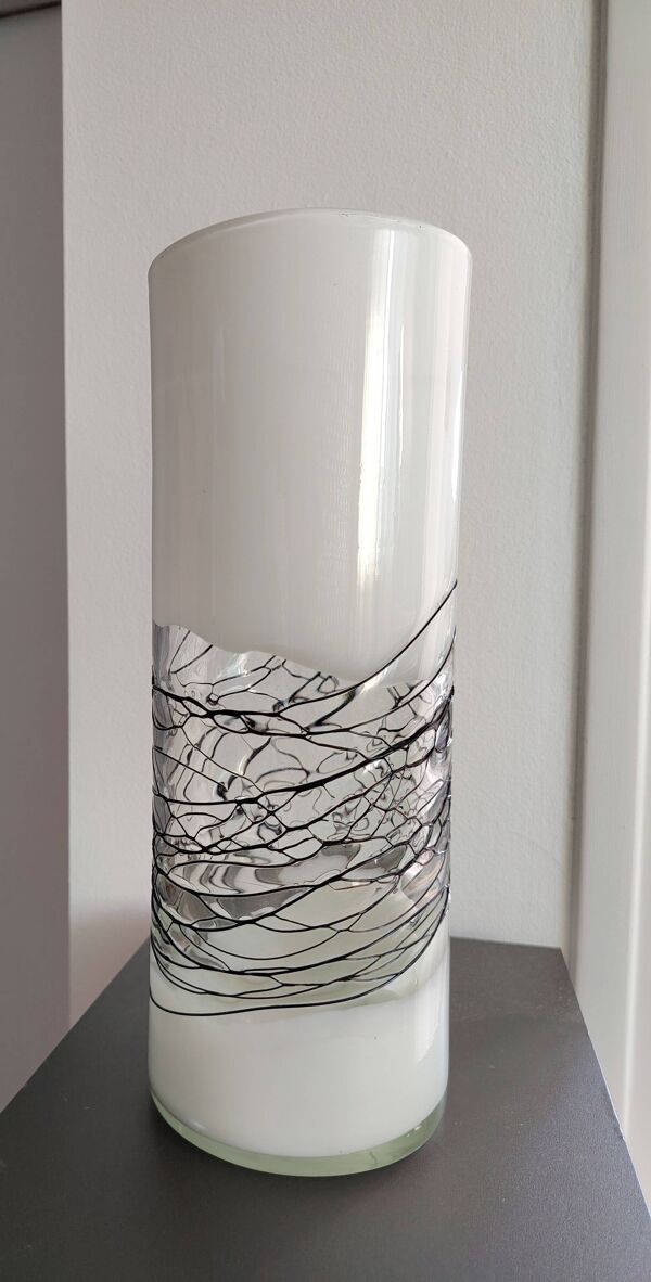 Vase Rouleau Vintage en Verre de Murano - Filet Noir Appliqué - 31 cm