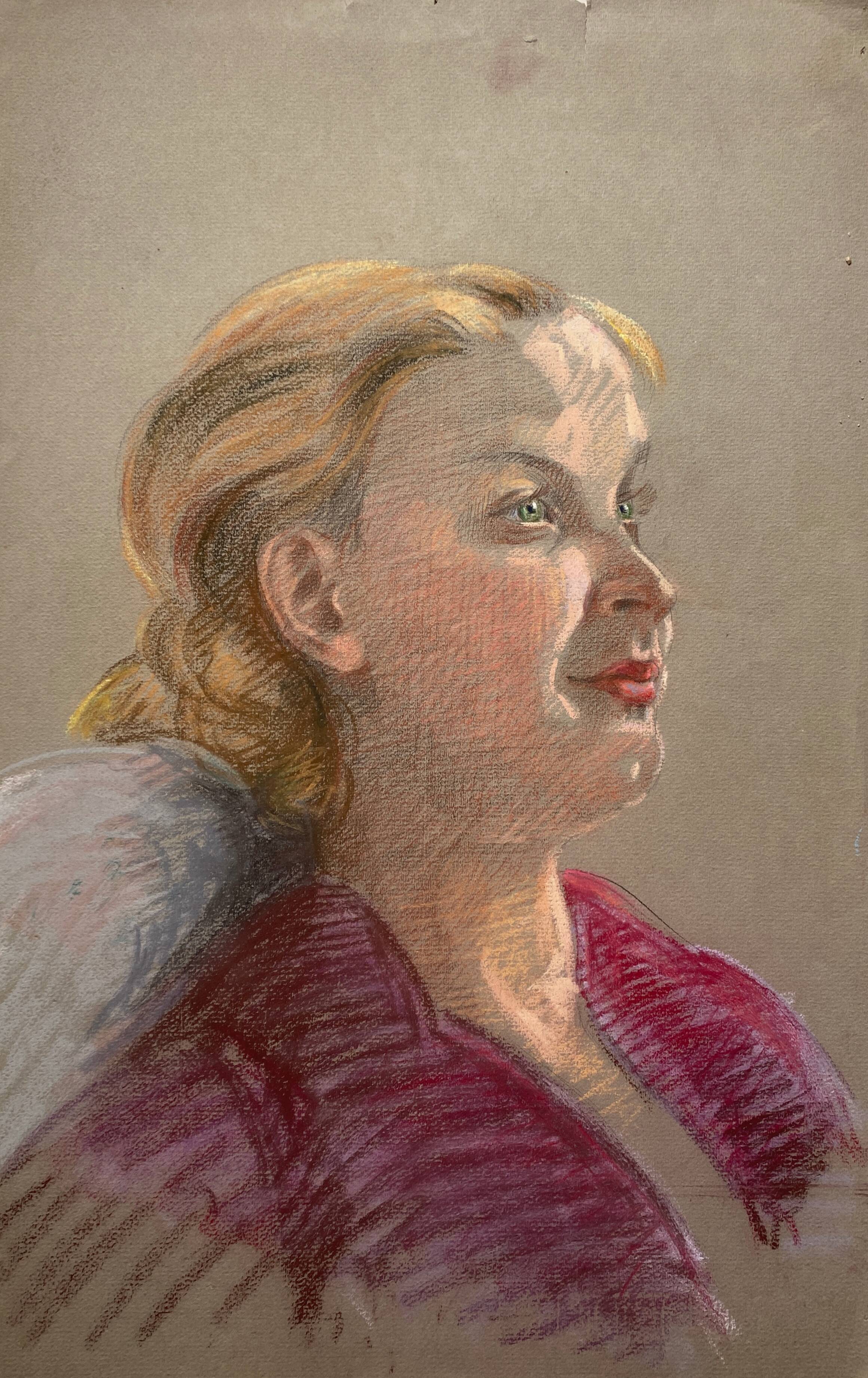 Pastel painting "woman in red blouse" circa 1950
