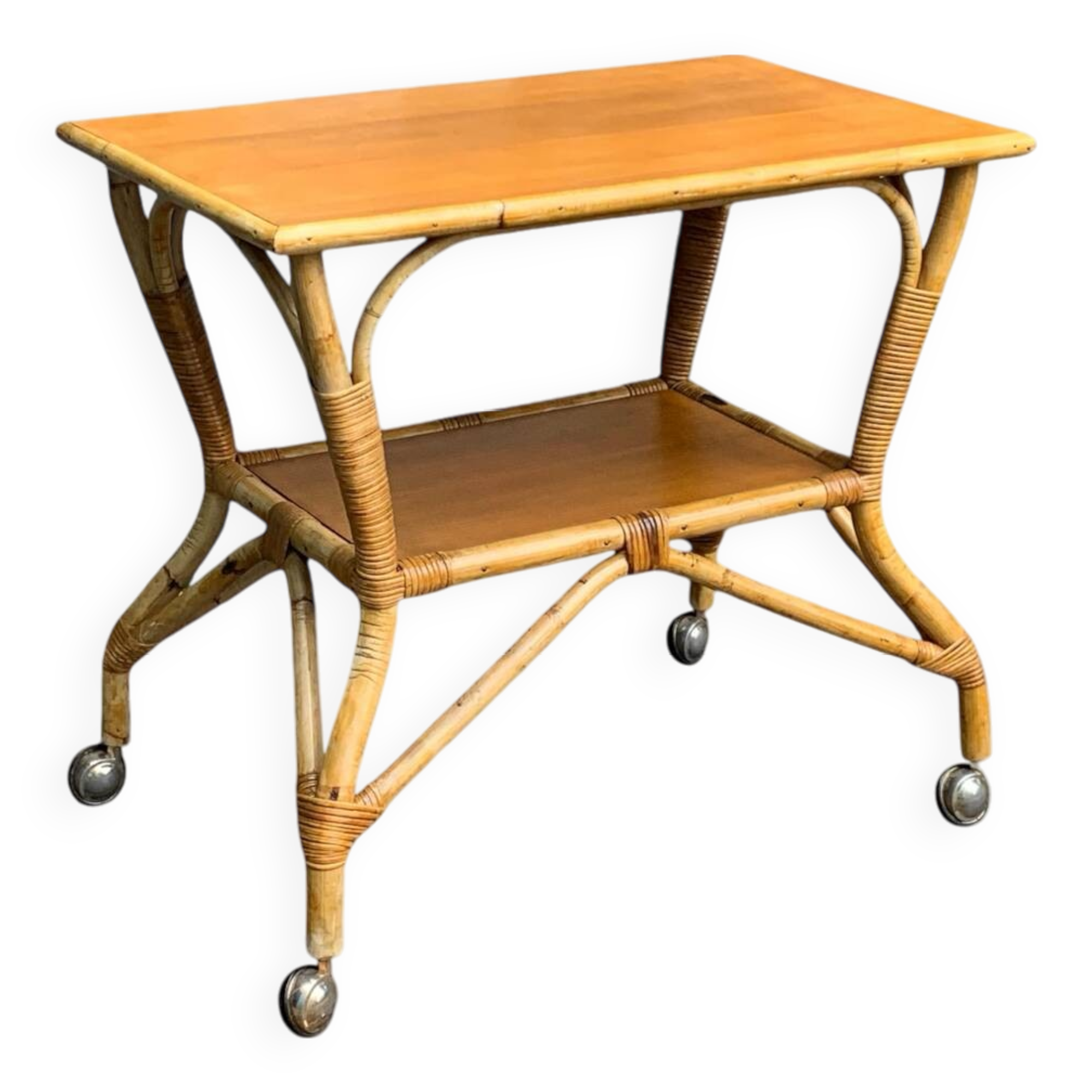 Vintage rattan and oak serving trolley 1960