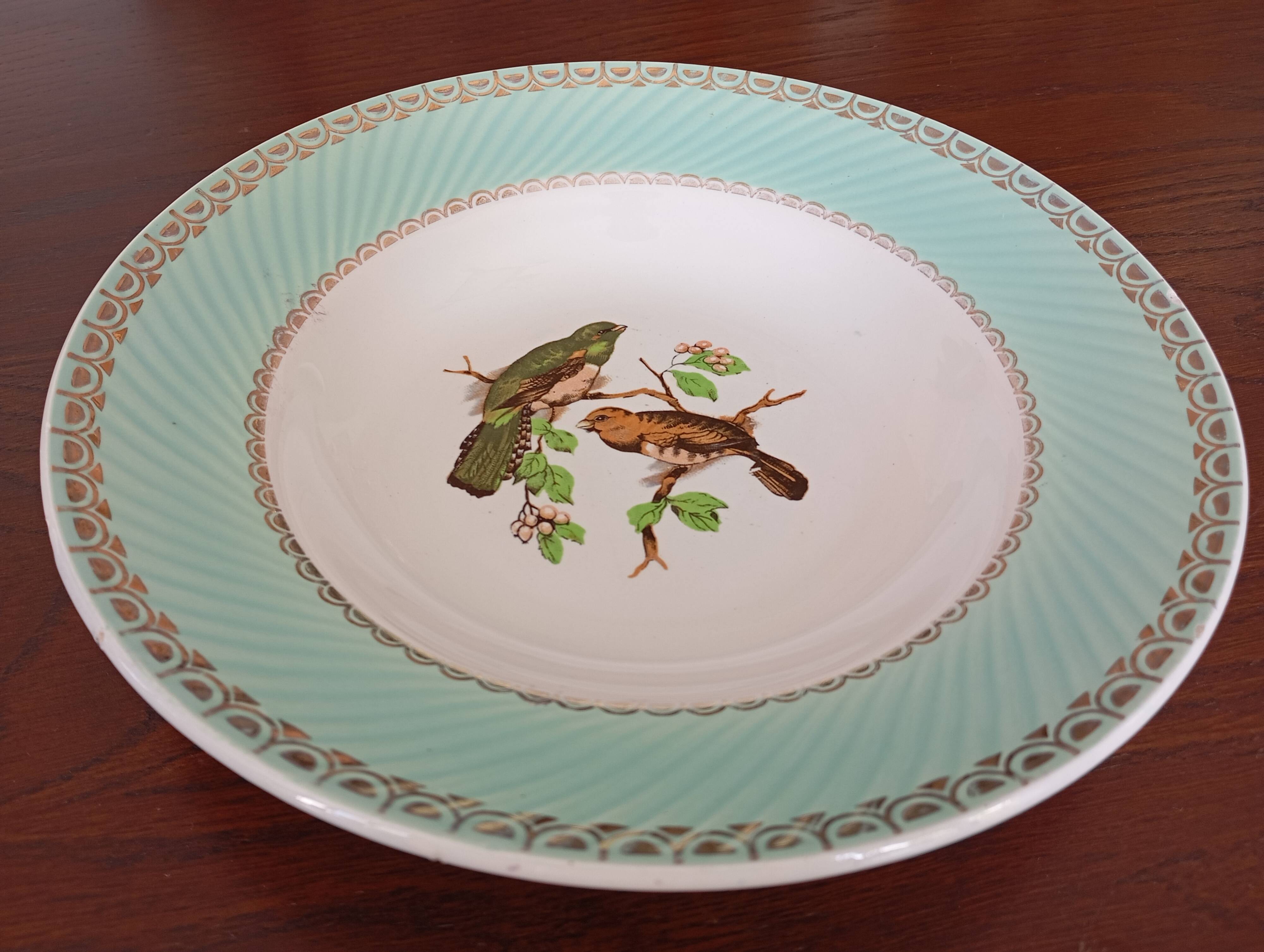 8 soup plates Fenal Badonviller "Birds" vintage 1950s