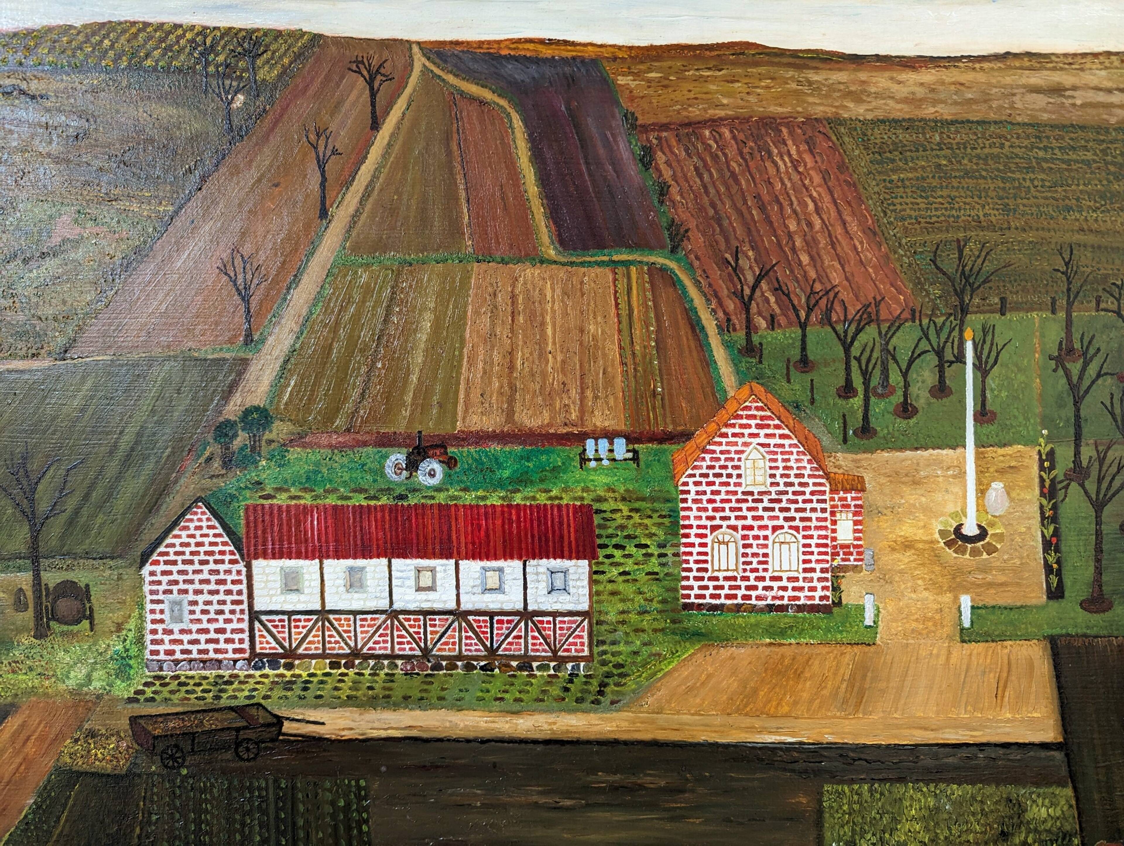 Mid-Century Modern "The Working Farm" Vintage Naïve Style Landscape Oil Painting, Framed