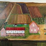 Mid-Century Modern "The Working Farm" Vintage Naïve Style Landscape Oil Painting, Framed